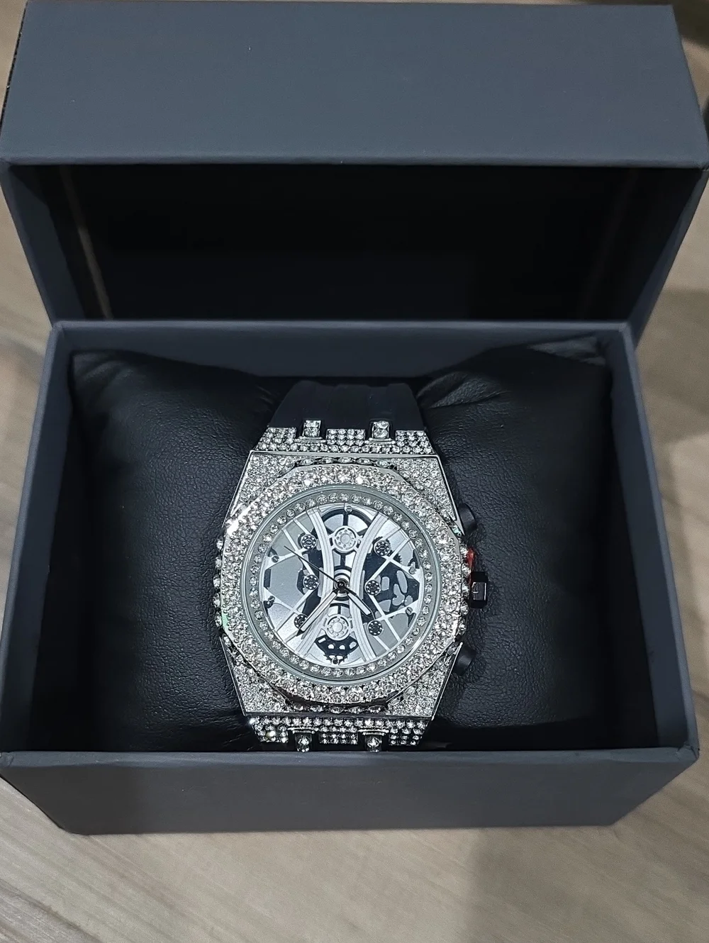 Men's Silver Crystal-Embellished Watch Style Bag - Black Strap